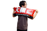 Master Wato holding a red towel with Japanese text reading "I love Osaka!" across his back
